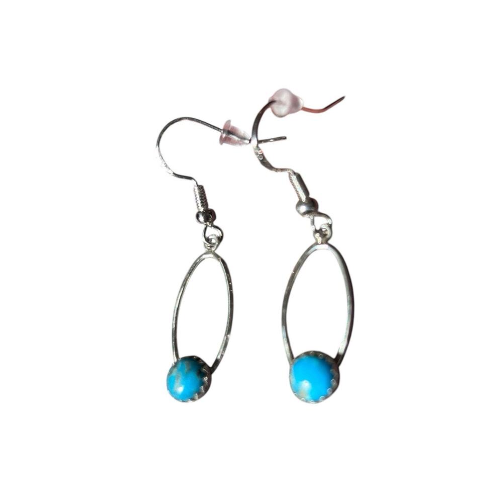 Sterling Silver & Kingman Turquoise Dangle Drop Oval Earrings Hand Crafted New - Picture 4 of 7